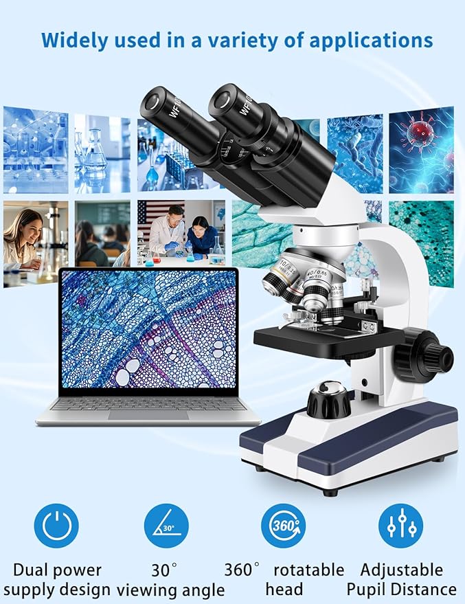 Microscope for Adults WF10x and WF25x Eyepieces, 40X-2500X Magnification, with HD USB Camera, Binocular Microscope for Lab Schools