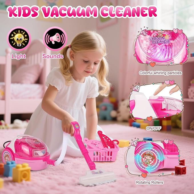 Coherny Sewing Kit for Kids Pretend Play Toys with Toy Washing Machine & Vacuum Kids Washer and Dryer Playset with Mini Sewing Machine for Dollhouse Furniture Toddles Boys Girls Cleaning Gifts