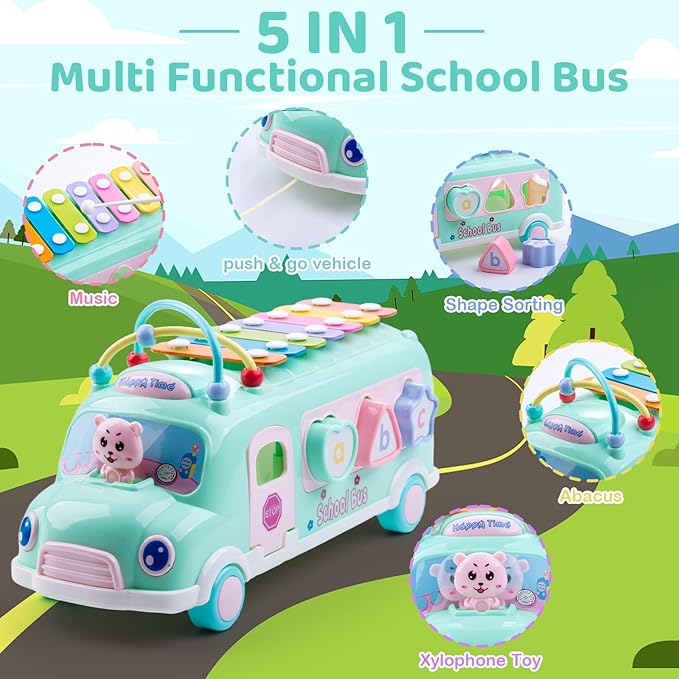 Baby School Bus Xylophone Toy for Toddlers 1-3, 5-in-1 Montessori Musical Bus Toys Gifts for 1 Year Old Baby Girl, Shape Sort Toys Knocking Xylophone Educational Instruments Birthday Gift Boy Girl