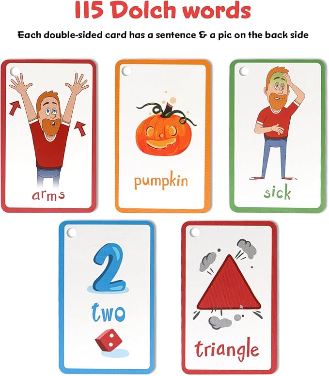 Steve and Maggie Sight Words Phonics Flash Cards - 115 Dolch Sightwords with Pictures,Literacy Learning Reading Cards Toy for Kindergarten,Home School Kids 3 4 5 Years Old