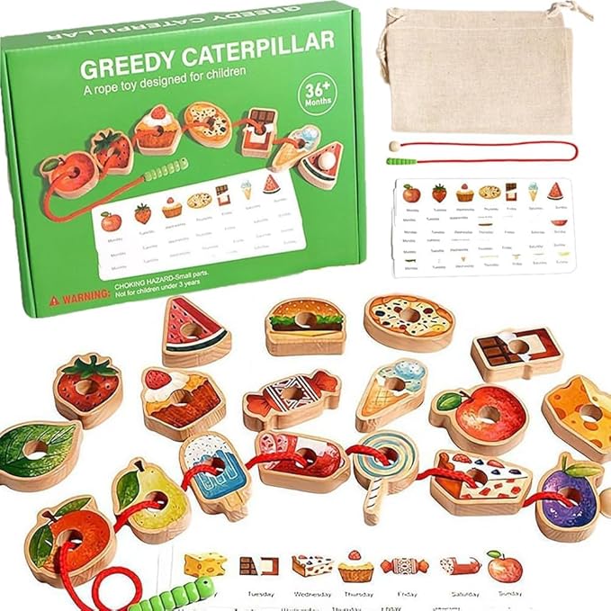 Threa Ding Toys, 2025 New Upgrade Wooden Greedy Cater Pillar Ropeoy, Lacing Beads Wooden2.5in Fruit & Vegetable Toys with Rope, Montessori Fine Motor Skills Farm, Bag for 3+ Year Old