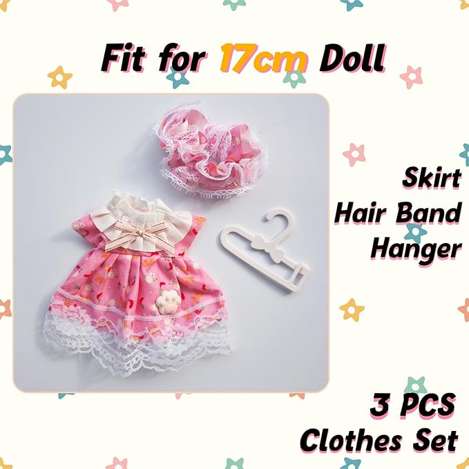17cm Doll Clothes Set, Cute Girls Doll Outfits Set , 3 PCS Pink Cat Paw Princess Dress Outfits Exquisite Accessories