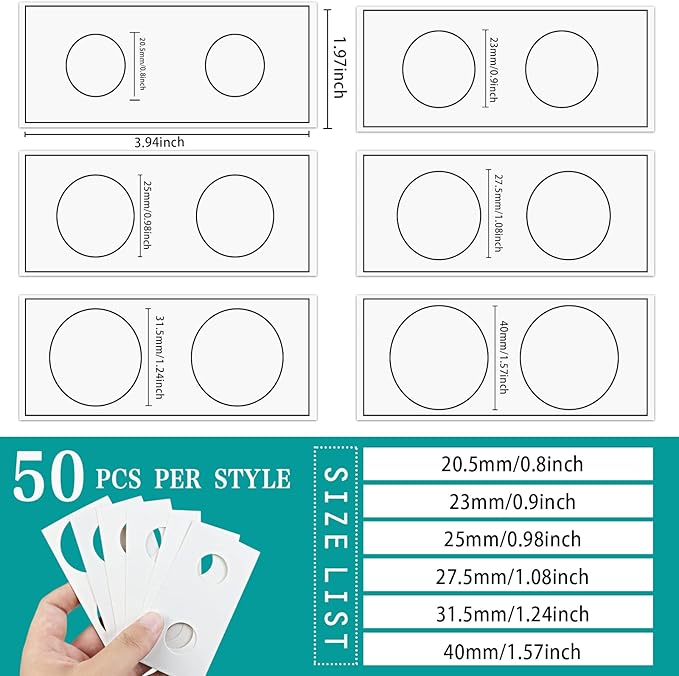 300 Pcs Cardboard Coin Holder, 6 Sizes 2" x 2" Currency Holders for Coin Collection Supplies