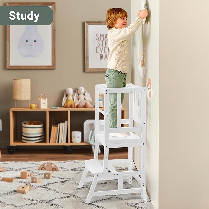 COSYLAND Kids Kitchen Step Stool, Height Adjustable Toddler Standing Tower Nursery Helper with CPC & FSC Certification, Removable Safety Railing Enjoys Exclusive Paten，White