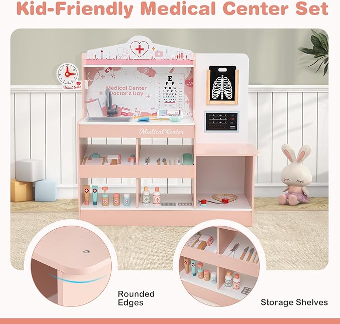 HONEY JOY Kids Wooden Doctor Play Set, 2 In 1 Checkup Medical Office Center & Vet Clinic Station, Exam Area & Interactive Accessories, X-Ray, Toddler Pretend Hospital Playset Kit for Boys Girls (Pink)