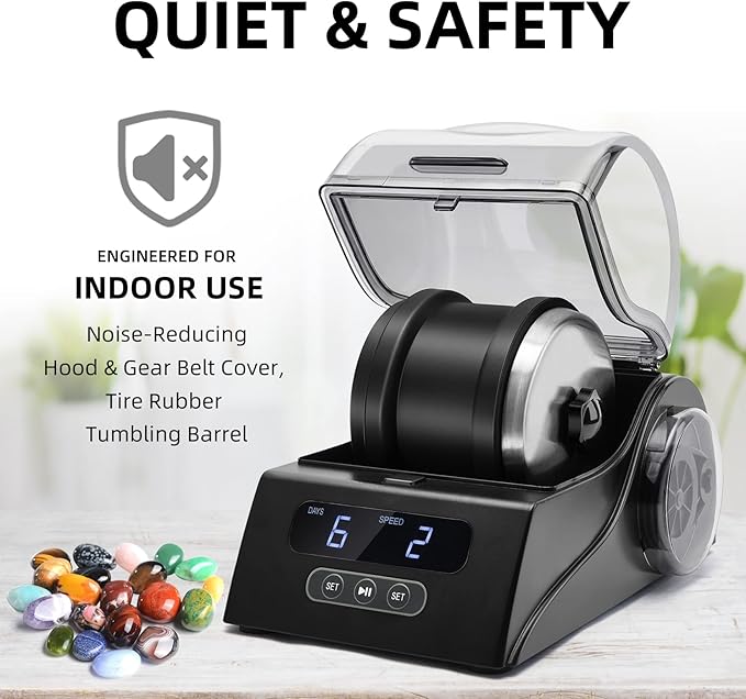 Rock Tumbler Kit Adults - Rock Polisher Tumbler with Noise Reduction Cover, Speed&Timer Control, Includes 4 Polishing Grits, Rough Gemstones, Learning Guide etc., Great Science Gift for All Ages