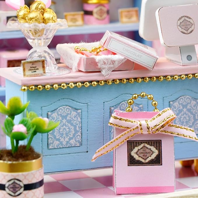 DIY Miniature House Kit, Mini House Building Kit with LED & Dust Cover, DIY Wooden Dollhouse Miniature Kit for Adults Teen, Wooden Crafts Lovely Dollhouse Kit, Yummy Candy