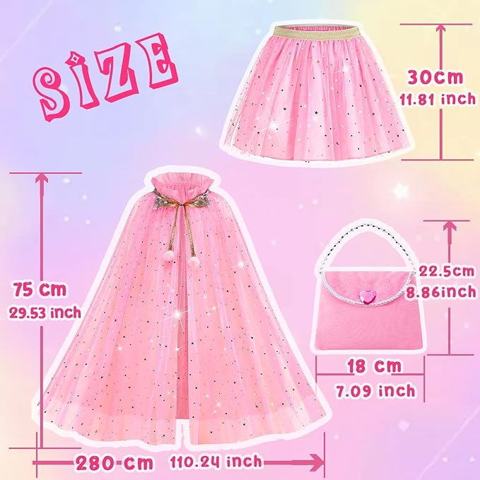 Princess Cape Set for Little Girl, 11PCS Princess Dress Up Clothes Cape Clock with Skirt for Girl 3-8 Birthday Gift