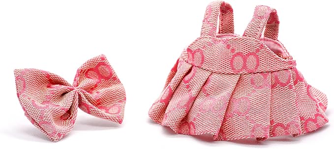 Clothes Compatible with Labubu 17cm Dolls, Premium Dolls Accessories 2 Piece Set Including Chic Grid Spaghetti-Strap Dress and Bow, High-End Fashion Outfit for Play & Display - Pink