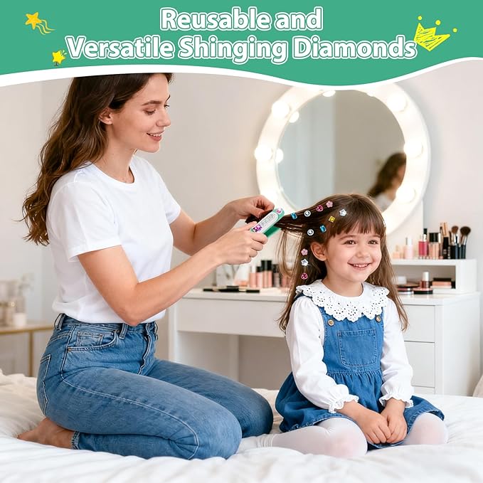 Hair Gem Stamper Kit, Bling Hair Jewels for Girls Toys, Hair Styling Tool with Reusable Shining Diamonds, Birthday Gifts Toys for Girls Ages 3 4 5 6 8-12 (Green)