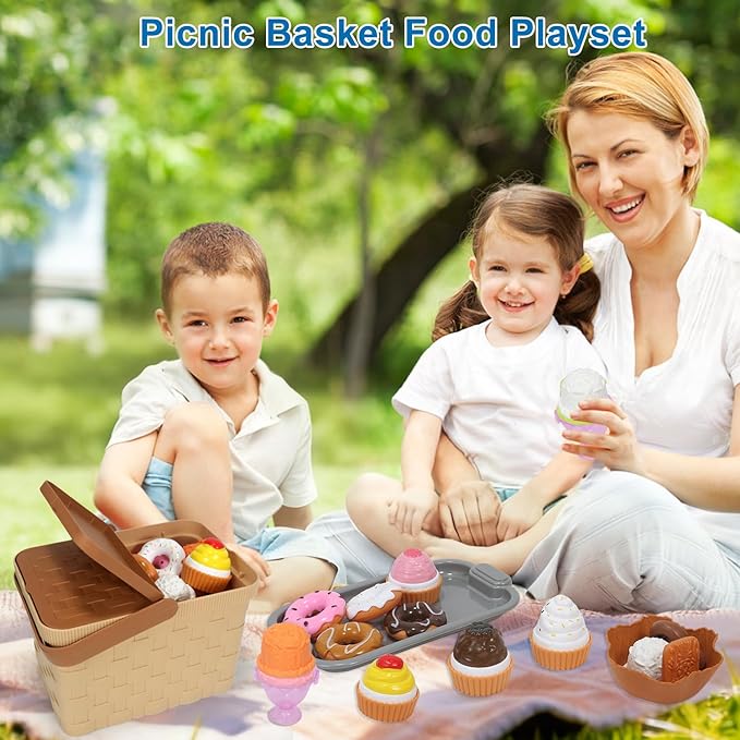 Picnic Basket Toys Play Tea Sets with Teapot Tea Cup Dessert Food,Ice Cream Playset, Pretend Play Kitchen Accessories Tea Party Set for Toddlers Kids Little Girl Boy Age 3-7 Years Old