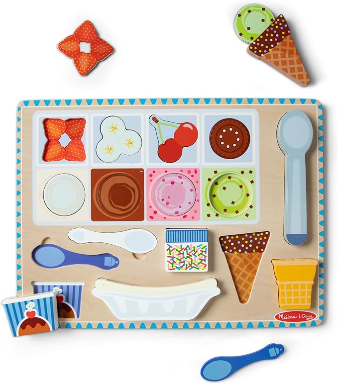 Melissa & Doug Ice Cream Wooden Magnetic Puzzle Play Activity Set, 16 Magnet Pieces, Play Food Toy for Boys and Girls Ages 2+