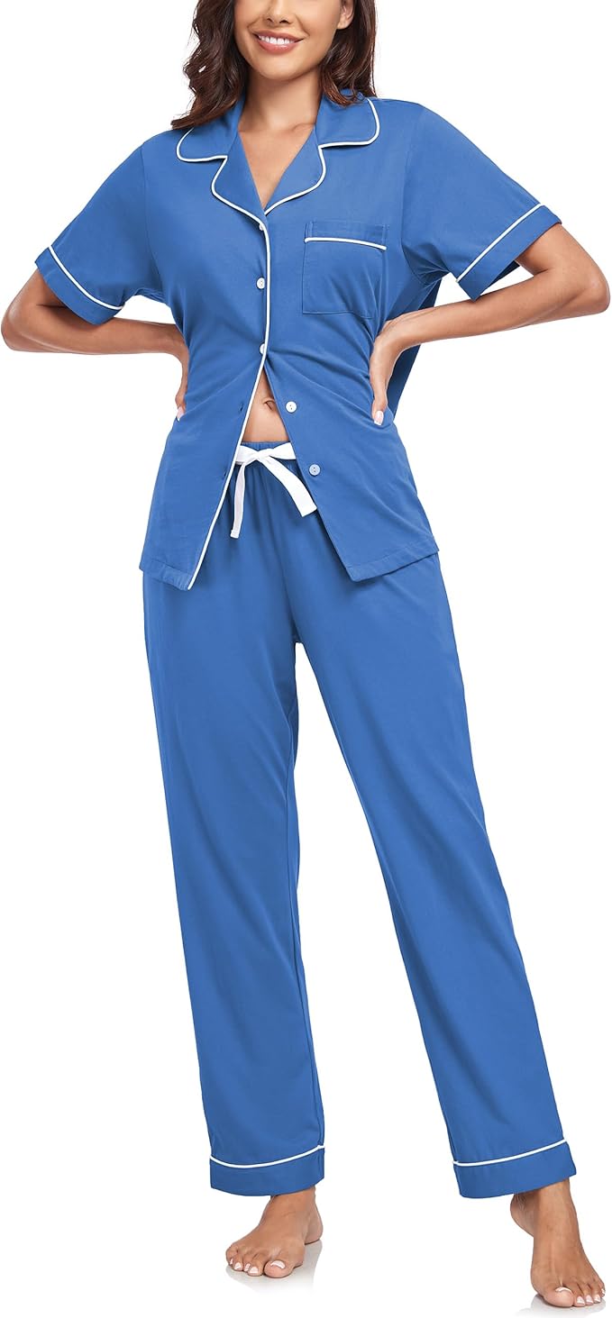 CF Womens 100% Cotton Pajamas Set Button Down Pjs Sets Short Sleeve Top & Long Pants Sleepwear Comfy Loungewear with Pockets