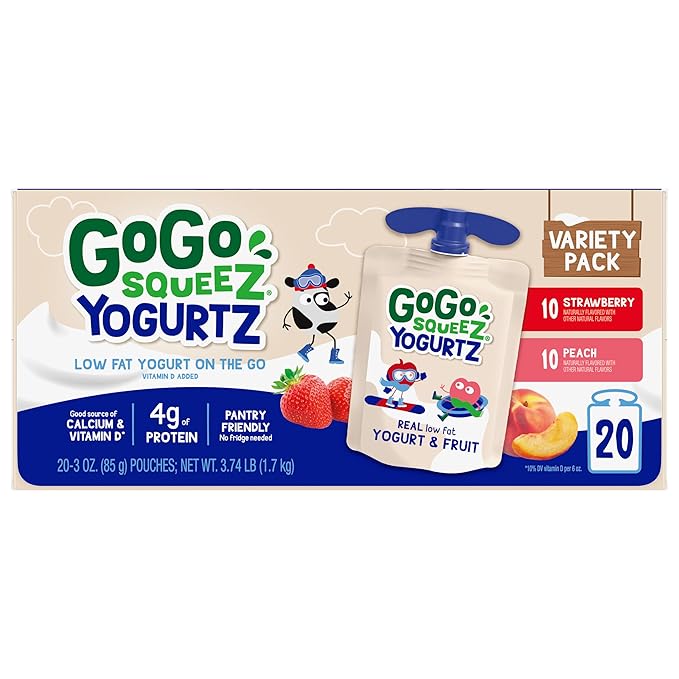 GoGo squeeZ YogurtZ Variety Pack, Strawberry & Peach, 3 oz (Pack of 20), Kids Snacks Made with Real Yogurt and Fruit, No Fridge Needed, Gluten Free, Nut Free, Recloseable Cap, BPA Free Pouches