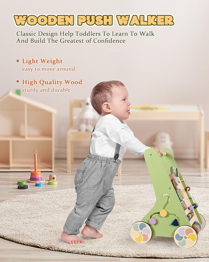 Wooden Baby Walker with Wheels, Push Walker for Baby Boy 6-12 Months, Baby Activity Center Sit to Stand Walker Small Size