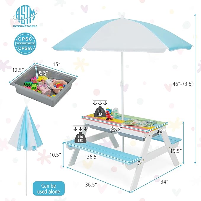 HONEY JOY Kids Picnic Table, 4 in 1 Cedar Wooden Sand & Water Table w/ 2 Removable Box & Umbrella, Kids Picnic Tables for Outdoors Backyard Garden, Toddler Patio Furniture Set for Boys Girls(Blue)