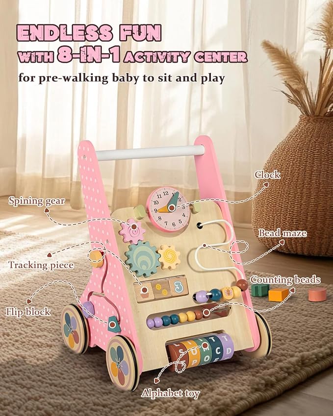 Wooden Baby Walker with Wheels, Baby Push Walkers for Girls 6-12 Months, Push Toys 1 Year Old Girl Small Size