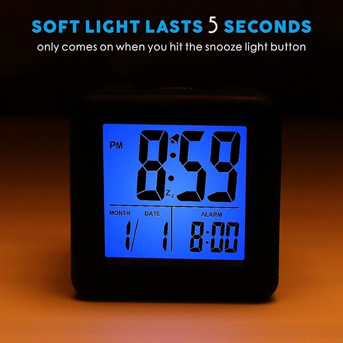 Plumeet Digital Alarm Clock Kids Alarm Clock with Snooze and Nightlight - Easy Setting Silicone Clock Display Time, Date - Loud Alarm Clock for Bedroom - Battery Powered (Black)