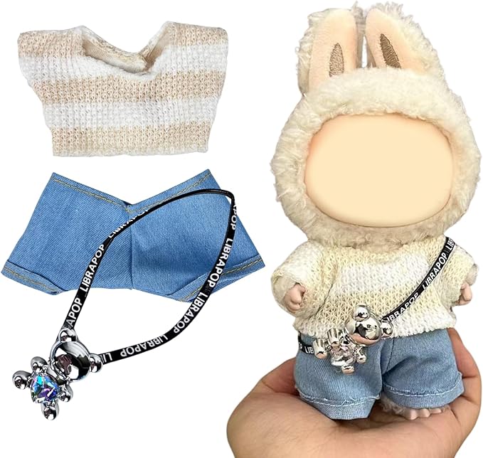 17cm Doll Clothes | Fashion Kawaii Chic Style Set for Dolls | 3-Piece Outfit with Knitted Striped Top, Blue Jeans & Bear Backpack (NO Doll)