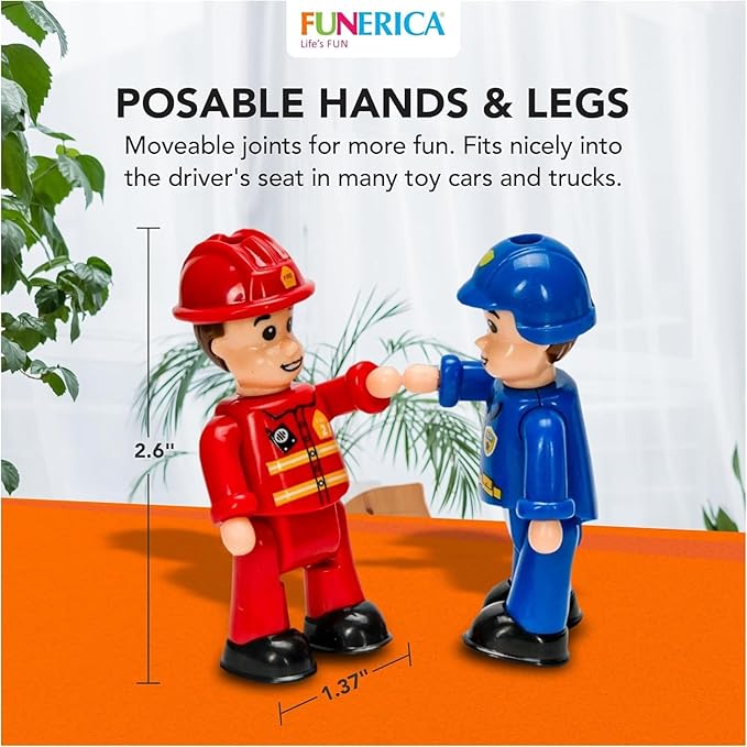 FUNERICA 12-Pcs People Figures and Toy Cars Playset - Fireman, Police, Construction Workers - Pretend Play Vehicle & Figurine Set Accessories for Kids - Emergency Rescue & Construction Toys