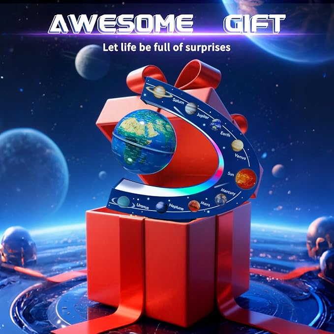 Magnetic Levitating Floating Globe with LED Lights, Cool Gadgets C Frame Globe Lamp for Men Father Husbands Boys Girls and Kids, Nine planetary solar systems Cool Tech Gift