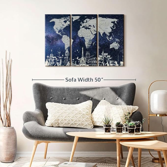 ElephantStock Starry World Map Multi Piece Canvas - 3 Panel Wall Decor - Map of the World Art - Canvas for the Office and Home - 38" X 24"