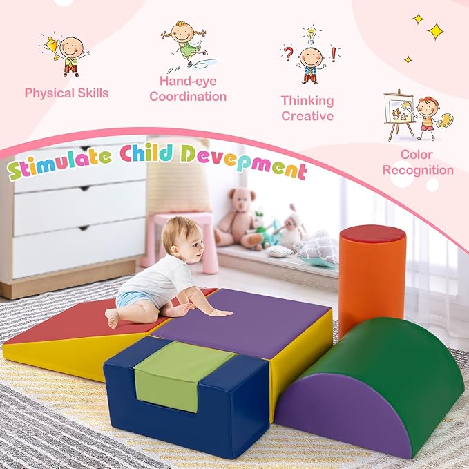 HONEY JOY 6-Piece Climb and Crawl Playset, Soft Climbing Foam Block Activity Play Structure Gym Equipment for Infant Baby, Color Coordination, Waterproof Indoor Climbing Toys for Toddlers (Purple)