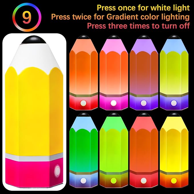 VIHOSE Classroom Pencil Lamp Glass LED Design Classroom Lamp for Teachers Students Gifts 11.4" Adjustable Multicolor Night Light Supplies for Christmas Holiday Gift Desk Home Bedroom Table Decoration