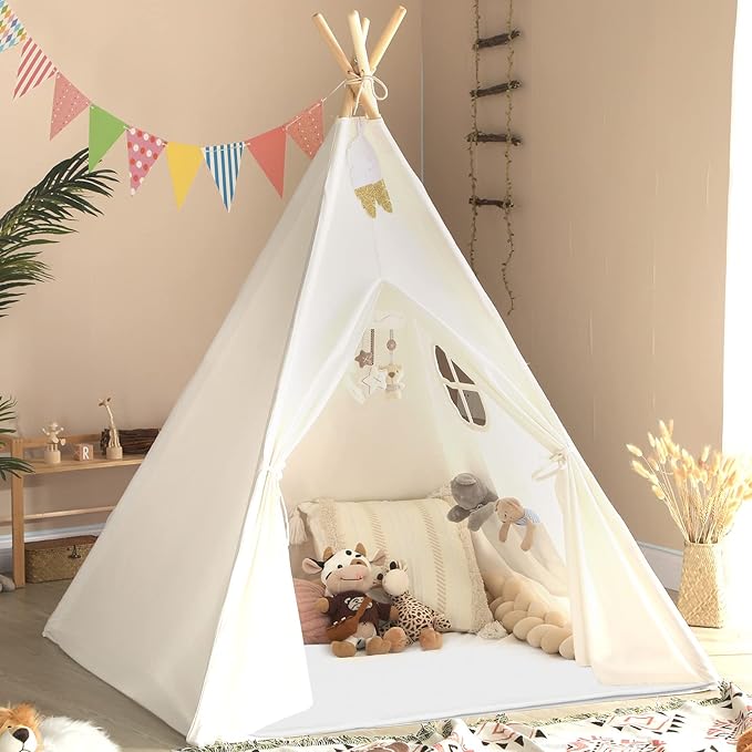 Sumbababy Kids Teepee Tent - Natural Canvas Playhouse with Fringe, Washable Fabric, Tipi Sleepover Tent, Includes Carry Bag, Lights & Colorful Flags - Perfect for Indoor & Outdoor Fun