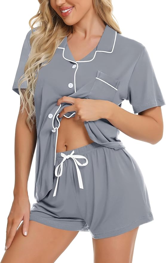 SWOMOG Womens Button Down Pajamas Set Short Sleeve Sleepwear Bride Soft Pj Lounge Sets XS-3XL