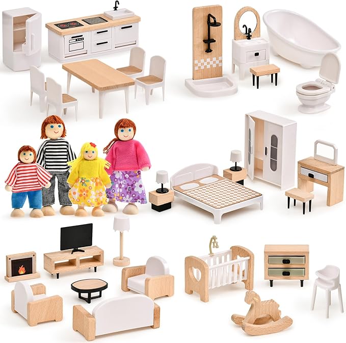 Toyssa Dollhouse Furniture Set, 36PCS Beech Wood and Plastic Miniature Doll House Accessories with Modern 5 Rooms & 4 Flexible Family Dolls, Pretend Play Toys Birthday Gift for Toddlers 3 4 5 6