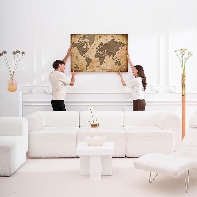 Canvas World Map with Cork Pin Board - English Lettering - Decorative Wall Decoration for All Rooms - Canvas Pictures with World Map Motif (90x60 cm, Pattern 1)