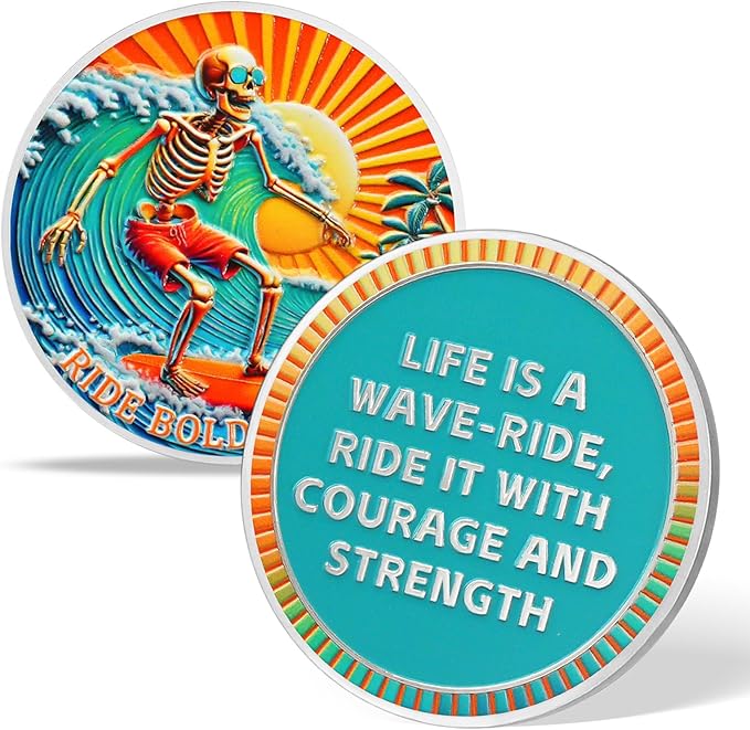 AtSKnSK Memento Mori Coin Momento Mori Coin Skull Coin Stoic Gifts Memento Mori Calendar Living Memento Mori Amor Fati Coin (Surfing Skeleton)