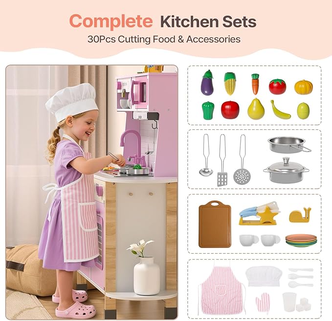 BIERUM Play Kitchen, Wooden Kids Kitchen Playset for Toddlers with Real Lights & Sounds, Height Adjustable Toys Kitchen with 30 Pcs Toy Food & Cookware Accessories (Pink)
