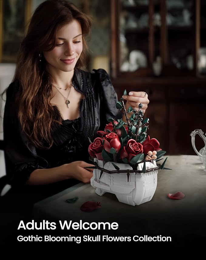 iATOM Halloween Skull Rose Bouquet Building Set, Flowers Botanical Collection Kit for Adults - Gothic Horror Skeleton Plant Pot Home Table Centerpiece Decor - Halloween, IA11008