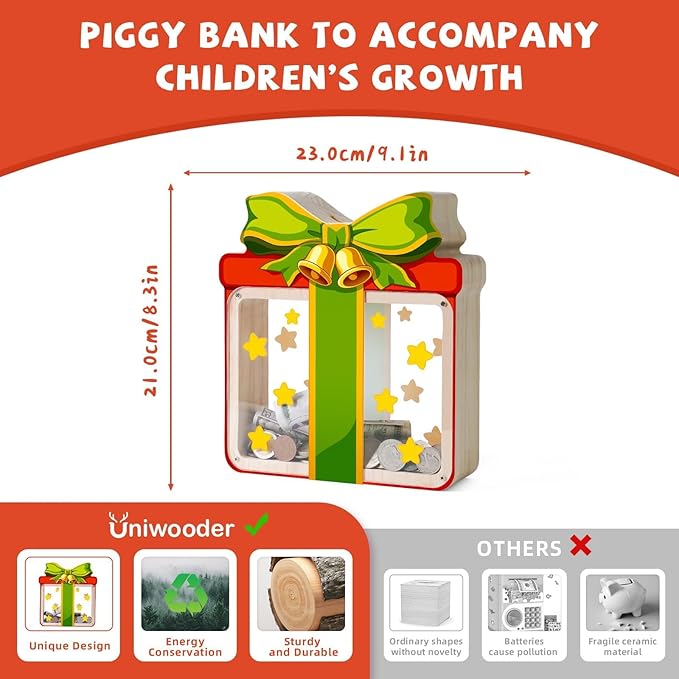 Wooden Christmas Piggy Bank for Kids, Gift Box Piggy Bank with Acrylic Panels, Unbreakable Toddler Money Box for Boys Girls, DIY Kids Safe Coin Bank with Letter Sticker
