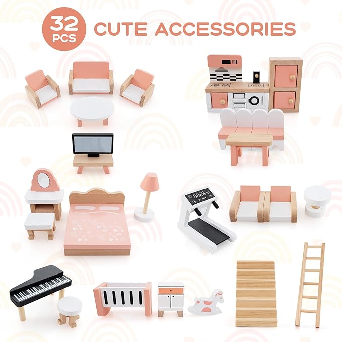 Costzon Wooden Dollhouse for Kids, 3-Story Luxury Doll House with 32 Pieces Furniture Accessories, 7 Rooms, Stairs & Balcony, DIY Pretend Dollhouse Playset, Gift for Girls Toddlers Ages 3+ (Colorful)