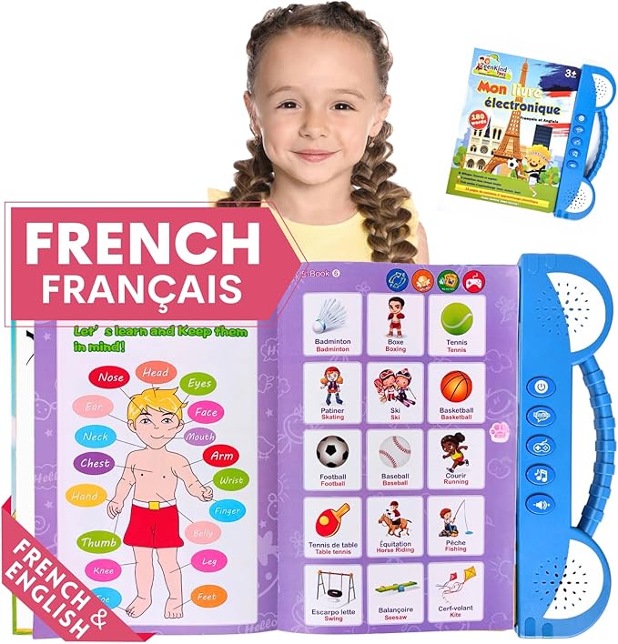 ZeenKind French English Talking Learning Book for Kids 2 3 4 5 6 Years Old, Learn French Interactive Audio Sound Books for Toddlers, Francais Educational Electronic Toys, Bilingual Musical Toy
