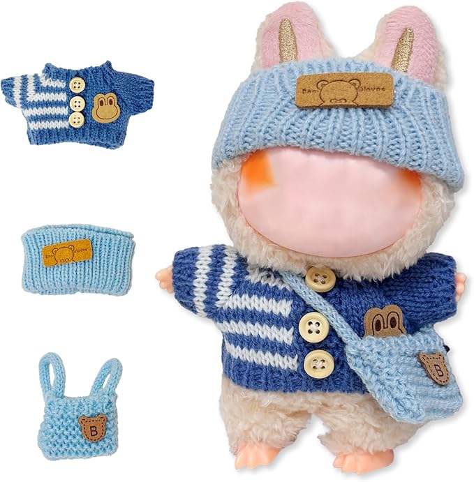 Clothes for 17cm Dolls Accessories Crochet 3 Piece Set Outfits for Doll(Blue Sweater)