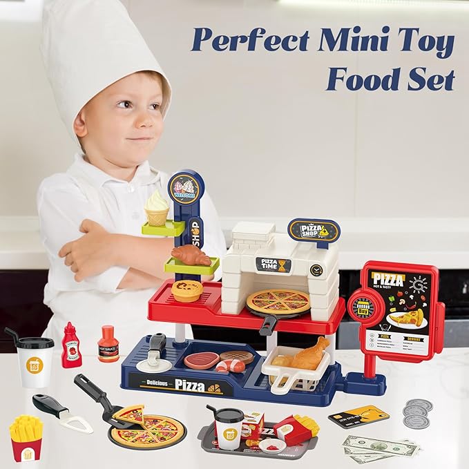 Kids Pizza Oven Play Set: Ice Cream Maker, Card Reader, Cash Register, Play Food (Pizza, Chicken Nuggets, Fries) Play Money - Educational Toy Kitchen Ages 3+