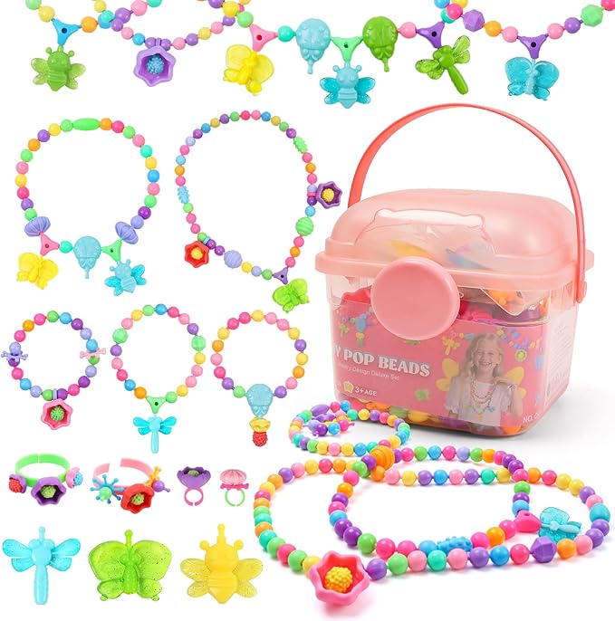 Snap Pop Beads Jewelry Kit for Girls – 350PCS Insect DIY Bracelet Making Toy with Butterfly, Ladybug, Dragonfly – No Mess Craft Birthday Gift Age 4–8 – Crafts Kits with Storage Box