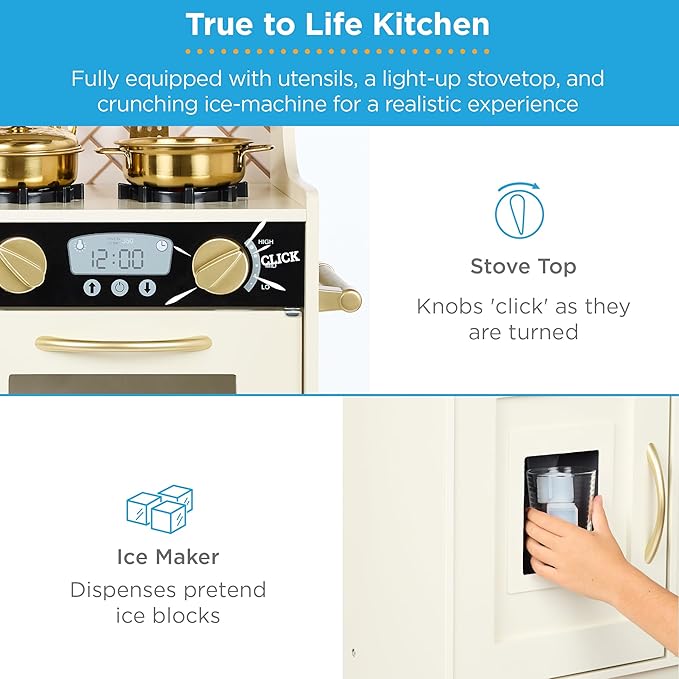 Best Choice Products Pretend Play Kitchen Wooden Toy Set for Kids w/Realistic Design, Telephone, Utensils, Oven, Microwave, Sink - Cream