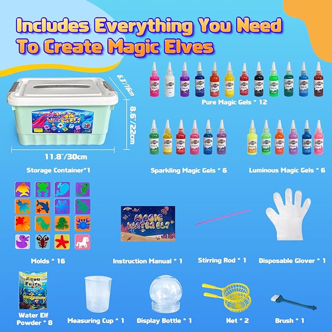Blissofun Magic Water Elf Toy Kit, Aqua Fairy Water Gel Kit with 24 Magic Gels, 16 Sea Creature Molds Arts & Crafts DIY STEM for Kids Ages 3+, Christmas Gifts, Birthday Gifts, Party Favors(24 Color)