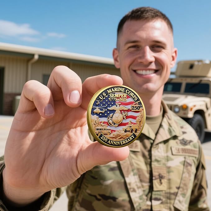 250th Anniversary Marine Corps & U.S. Army Challenge Coins – Double-Sided 1.57” Military Collectible Coins with Engraved Emblems – Patriotic Veteran Gift for USMC 250th Anniversary