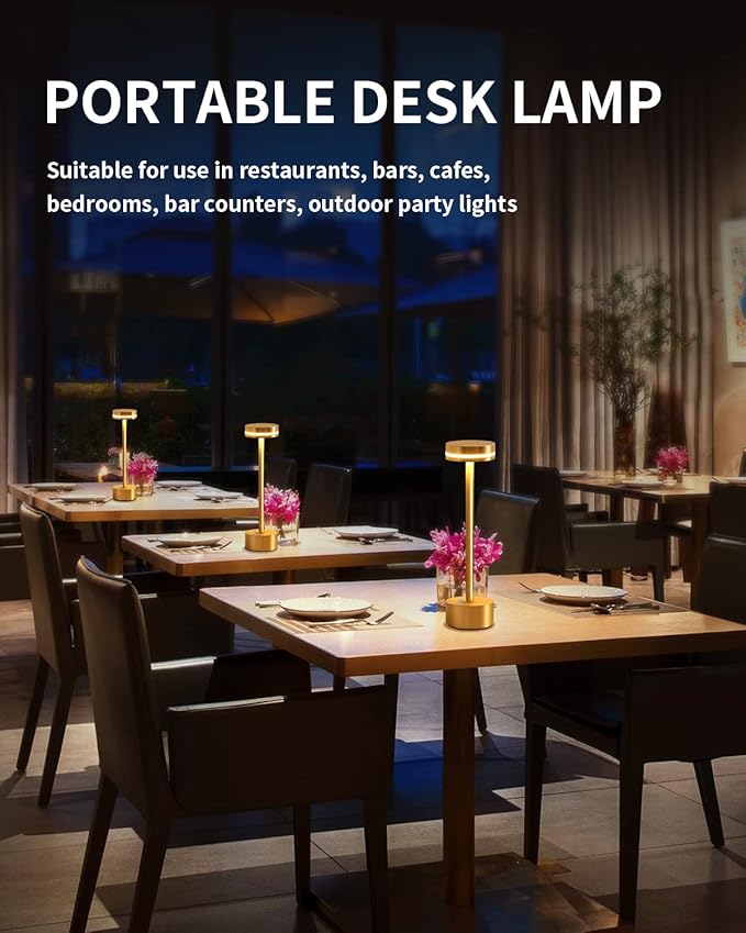 PUSU Cordless Table Lamp Set of 2, Battery Powered LED Desk Lamp Portable Table Lights 3-Level Brightness Touch Control, Lighting for Home Office Bedroom Hotel Restaurant Outdoor Night Light(Gold)