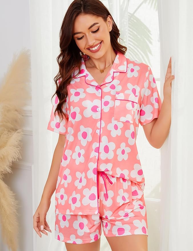SWOMOG Womens Button Down Pajamas Set Short Sleeve Sleepwear Bride Soft Pj Lounge Sets XS-3XL