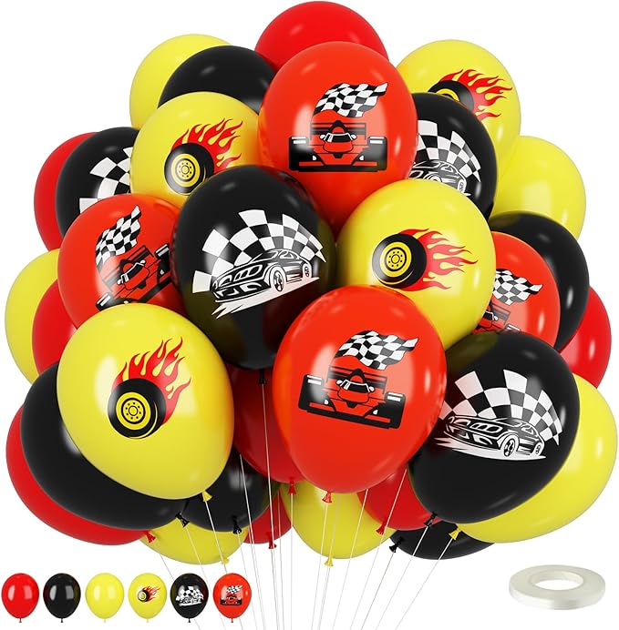 Race Car Balloons, 12 Inch Red Yellow Black Race Car Party Supplies Checkered Flags Racing Party Printed Latex Balloons for Race Fans Birthday Party Fast Birthday Party Decorations Supplies