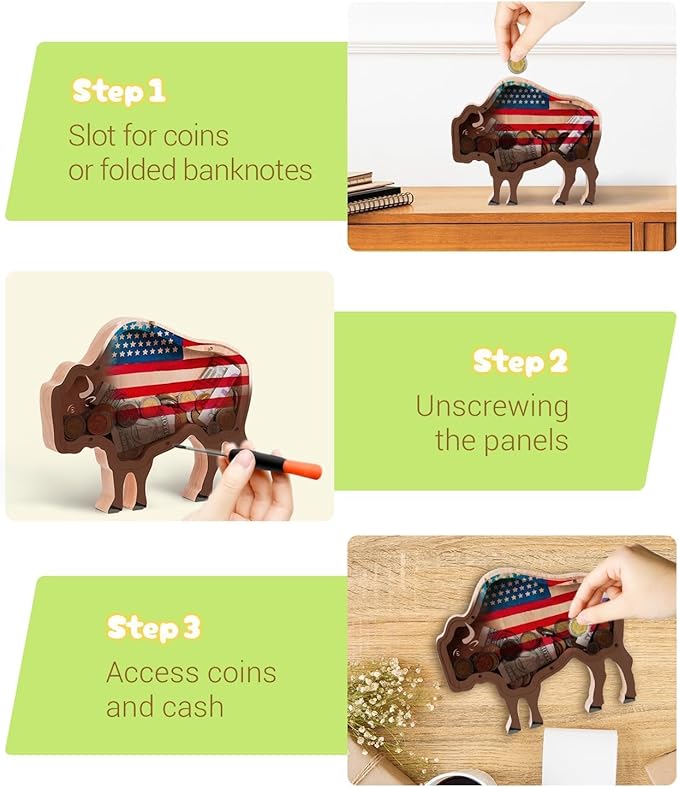 Wooden Bison Piggy Banks for Kids Money Coin Bank, Cute Unbreakable Piggy Bank Kids Safe Money Box, Toddler Birthday Baptism Gifts for Girls Boys Bull Cow Lovers