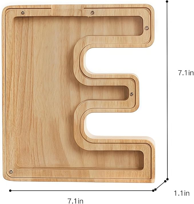 Wooden Alphabet Piggy Bank Clear Acrylic Panel Coin Savings Box Personalized Money Bank for Kids Boys Girls Adults, Birthday Home Décor(E)