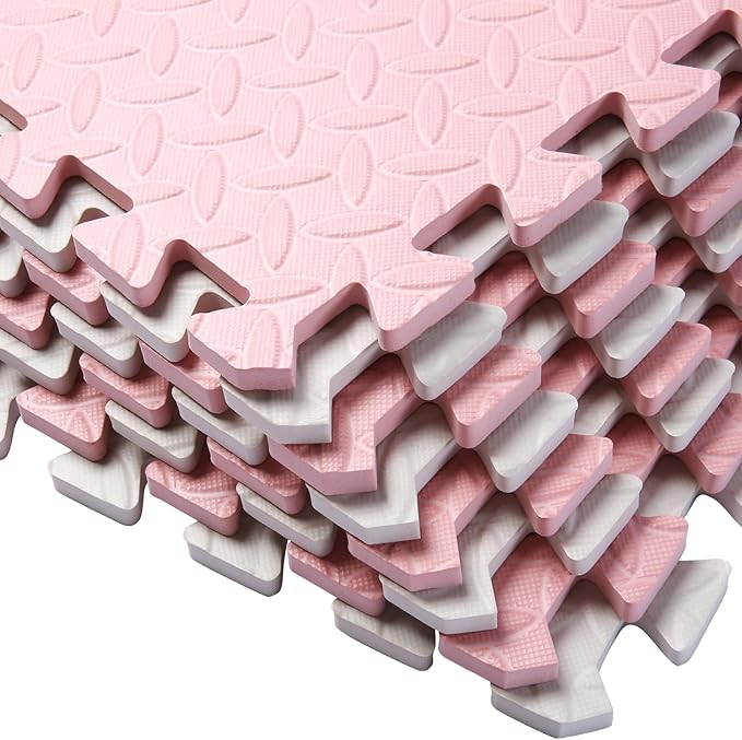 16 Tiles Foam Play Mat for Baby, Soft & Safe EVA Foam Mats for Floor, Square Baby Play Mat, Kids Foam Puzzle Floor Mat, 47x47 Play Mat for Playpen(White/Loli Pink)